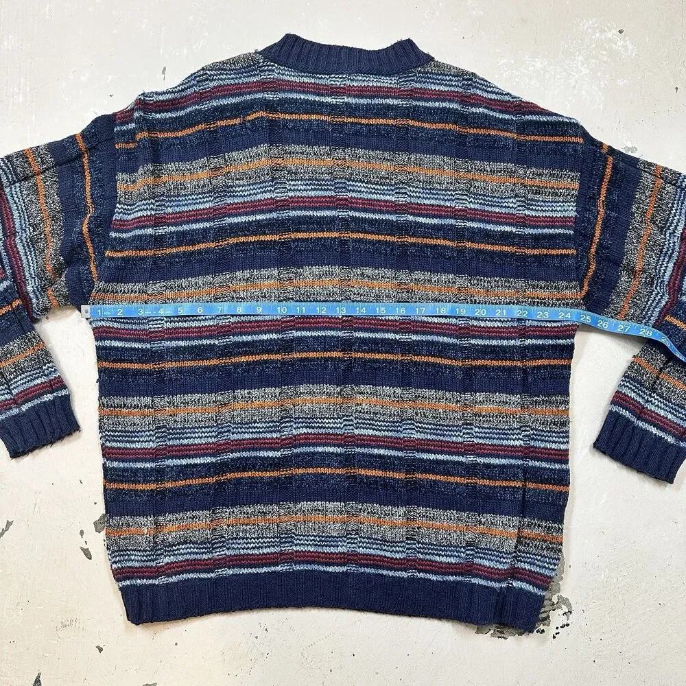 OXYMEL Mens V-Neck Jumper Sweater Large Navy Blue Multicolor Striped